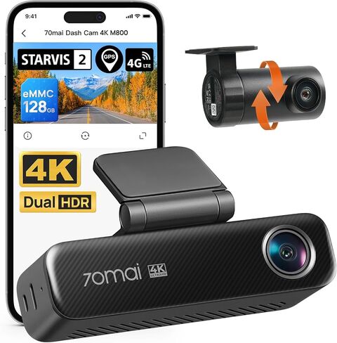 70mai 4K Dash Cam Front and Rear for Cars, STARVIS 2 IMX678 Super Night Vision & F1.7 Aperture, Dual HDR, Support 4G LTE & 5GHz Wi-Fi, Built-in 128GB eMMC, GPS, Voice Control, Parking Monitor (M800) in Kuwait