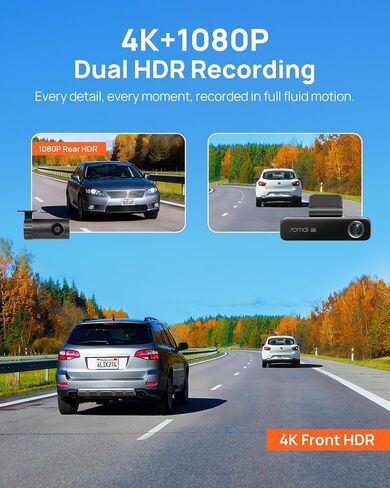 70mai 4K Dash Cam Front and Rear for Cars, STARVIS 2 IMX678 Super Night Vision & F1.7 Aperture, Dual HDR, Support 4G LTE & 5GHz Wi-Fi, Built-in 128GB eMMC, GPS, Voice Control, Parking Monitor (M800) in Kuwait