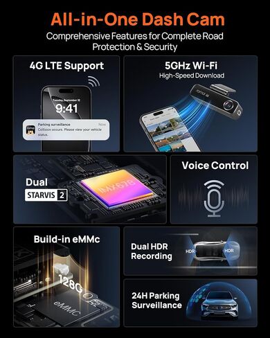70mai 4K Dash Cam Front and Rear for Cars, STARVIS 2 IMX678 Super Night Vision & F1.7 Aperture, Dual HDR, Support 4G LTE & 5GHz Wi-Fi, Built-in 128GB eMMC, GPS, Voice Control, Parking Monitor (M800) in Kuwait