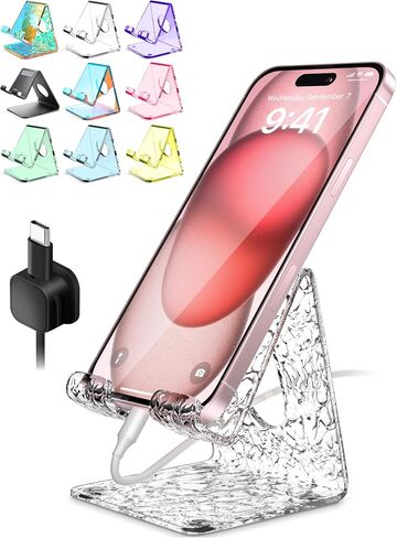 Acrylic Cell Phone Stand, Clear Phone Holder for Office Desk, Vanity, Kitchen Counter, Bedside Table, Compatible with iPhone 17 16 15 14 13 12 11 Pro Max Plus/Smartphones/iPad/Switch - Wave in Kuwait