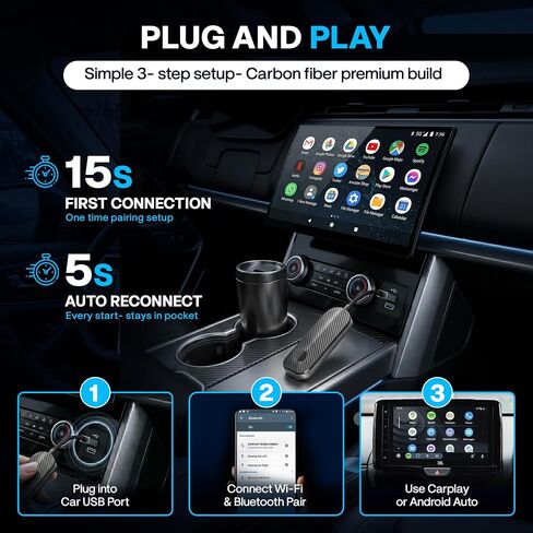 2026 Wireless CarPlay & Android Auto Adapter - Flexible Cable Prevents Port Damage, Dual-Band 2.4GHz+5GHz Fast & Stable Connection, USB A+C Adapter Included for 800+ Vehicles 2015-2026, Carbon Fiber in Kuwait