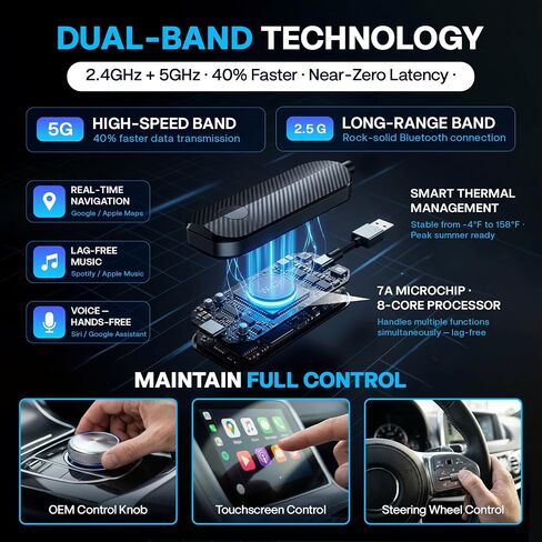 2026 Wireless CarPlay & Android Auto Adapter - Flexible Cable Prevents Port Damage, Dual-Band 2.4GHz+5GHz Fast & Stable Connection, USB A+C Adapter Included for 800+ Vehicles 2015-2026, Carbon Fiber in Kuwait