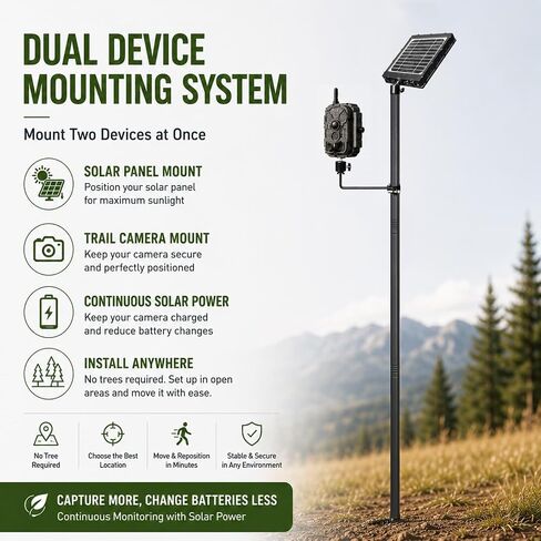 57" Trail Camera Mount, Dual Device Ground Stake with Dual 1/4"-20 Ball Heads, Adjustable Height Steel Pole, Rustproof Mount for Cameras, Solar Panels & More in Kuwait