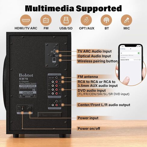 Bobtot 5.1 Home Theater Sound System Wireless Rear Satellite Speakers in Kuwait