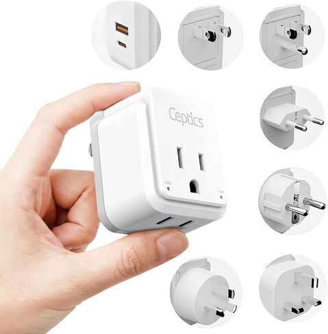 Ceptics World Power Plug Adapter Set, Dual USB & USB-C 3.1A, 20W with QC-PD, 2 USA Outlet Compact & Powerful, Use In Europe, Asia, Australia, Japan, Includes Type A, B, C, E/F, G, I SWadAPt Attachment in Kuwait