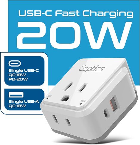 Ceptics World Power Plug Adapter Set, Dual USB & USB-C 3.1A, 20W with QC-PD, 2 USA Outlet Compact & Powerful, Use In Europe, Asia, Australia, Japan, Includes Type A, B, C, E/F, G, I SWadAPt Attachment in Kuwait
