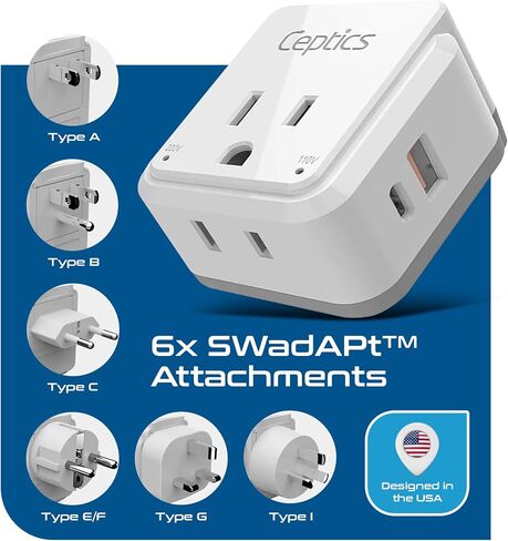 Ceptics World Power Plug Adapter Set, Dual USB & USB-C 3.1A, 20W with QC-PD, 2 USA Outlet Compact & Powerful, Use In Europe, Asia, Australia, Japan, Includes Type A, B, C, E/F, G, I SWadAPt Attachment in Kuwait