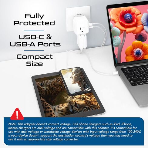Ceptics World Power Plug Adapter Set, Dual USB & USB-C 3.1A, 20W with QC-PD, 2 USA Outlet Compact & Powerful, Use In Europe, Asia, Australia, Japan, Includes Type A, B, C, E/F, G, I SWadAPt Attachment in Kuwait