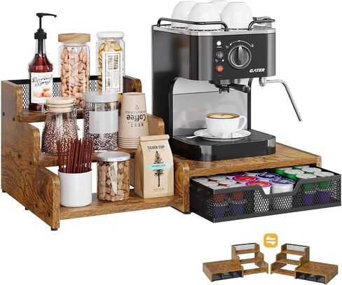 Coffee Station Organizer with K Cup Holder, 28 Pod Capacity,3-Tier Syrup Rack with Coffee Pod Holder Drawer, Coffee Bar organizer Countertop for Accessories,Rustic Brown in Kuwait
