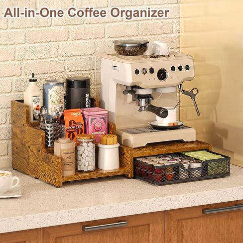 Coffee Station Organizer with K Cup Holder, 28 Pod Capacity,3-Tier Syrup Rack with Coffee Pod Holder Drawer, Coffee Bar organizer Countertop for Accessories,Rustic Brown in Kuwait