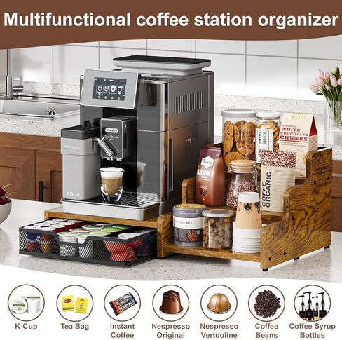 Coffee Station Organizer with K Cup Holder, 28 Pod Capacity,3-Tier Syrup Rack with Coffee Pod Holder Drawer, Coffee Bar organizer Countertop for Accessories,Rustic Brown in Kuwait