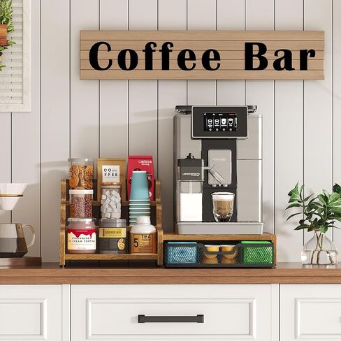 Coffee Station Organizer with K Cup Holder, 28 Pod Capacity,3-Tier Syrup Rack with Coffee Pod Holder Drawer, Coffee Bar organizer Countertop for Accessories,Rustic Brown in Kuwait