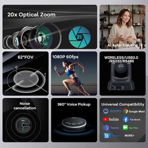 TONGVEO Wireless AI PTZ 20X Camera System with Auto Tracking Built-in Receiver & Bluetooth Speakerphone, 5.8GHz 1080P 60fps Conference Camera for Church Zoom, OBS Meetings in Saudi Arabia