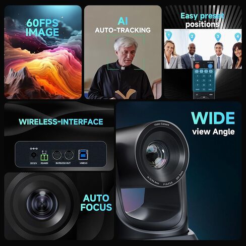 TONGVEO Wireless AI PTZ 20X Camera System with Auto Tracking Built-in Receiver & Bluetooth Speakerphone, 5.8GHz 1080P 60fps Conference Camera for Church Zoom, OBS Meetings in Saudi Arabia
