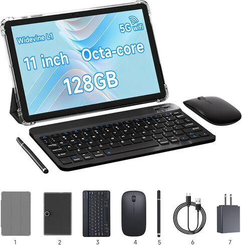 11 inch Tablet 2 in 1 Tablets, 20GB RAM 128GB ROM, Android 16 Tablet with Case keyboard mouse Stylus Support 2TB Expandable, 13MP Camera, Octa-core Processor 5G WiFi-6 8000MAH Battery 11'' Tableta. in Kuwait