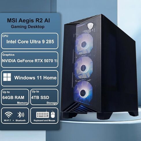 iCarp Customized Desktop Made with MSI Aegis R2 AI 2nd Gaming Desktop Intel 24-core Ultra 9 285 16GB/32GB/64GB RAM 1TB/2TB/4TB SSD GeForce RTX 5070 Ti 1406 AI Tops RGB Fan Cooler 80+ Gold PSU Win11 in Kuwait