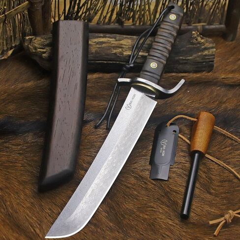 BA-KOR (14.4 inches) Damascus steel Japanese full tang hunting knife, 7mm thick G10 core, equipped with ebony handle and wooden sheath, &(5.9IN) cerium igniter sharp with three water-cooling blades, suitable for camping, wilderness survival and jungle hun in Kuwait