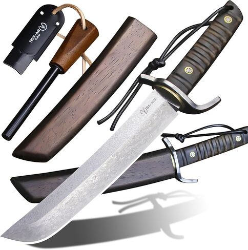 BA-KOR (14.4 inches) Damascus steel Japanese full tang hunting knife, 7mm thick G10 core, equipped with ebony handle and wooden sheath, &(5.9IN) cerium igniter sharp with three water-cooling blades, suitable for camping, wilderness survival and jungle hun in Kuwait