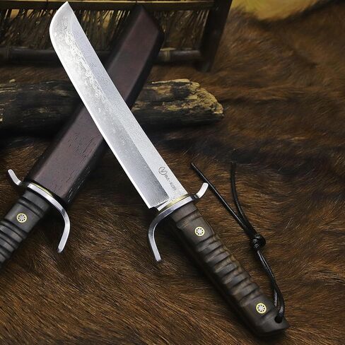 BA-KOR (14.4 inches) Damascus steel Japanese full tang hunting knife, 7mm thick G10 core, equipped with ebony handle and wooden sheath, &(5.9IN) cerium igniter sharp with three water-cooling blades, suitable for camping, wilderness survival and jungle hun in Kuwait
