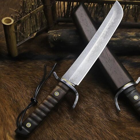 BA-KOR (14.4 inches) Damascus steel Japanese full tang hunting knife, 7mm thick G10 core, equipped with ebony handle and wooden sheath, &(5.9IN) cerium igniter sharp with three water-cooling blades, suitable for camping, wilderness survival and jungle hun in Kuwait