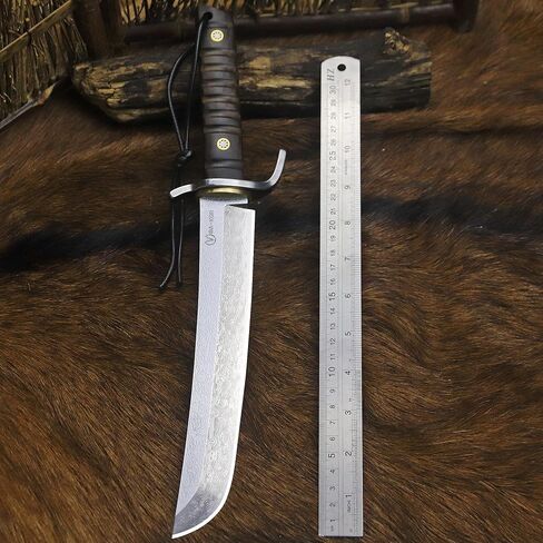 BA-KOR (14.4 inches) Damascus steel Japanese full tang hunting knife, 7mm thick G10 core, equipped with ebony handle and wooden sheath, &(5.9IN) cerium igniter sharp with three water-cooling blades, suitable for camping, wilderness survival and jungle hun in Kuwait