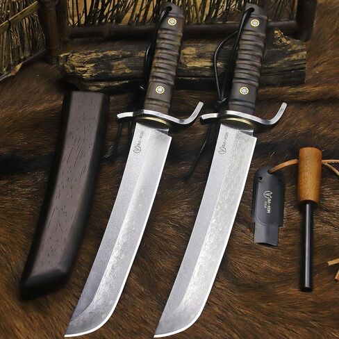 BA-KOR (14.4 inches) Damascus steel Japanese full tang hunting knife, 7mm thick G10 core, equipped with ebony handle and wooden sheath, &(5.9IN) cerium igniter sharp with three water-cooling blades, suitable for camping, wilderness survival and jungle hun in Kuwait