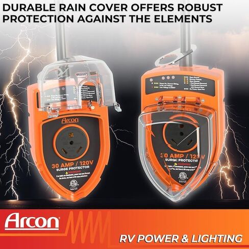 Arcon 19758 Portable 30 Amp 120 Volt RV Surge Protector with CETL Certification, 3600 Joules Power Surge Protection, Low Voltage & Fault Indicator Lights, Lock and 36 Inch Cable Included in Kuwait