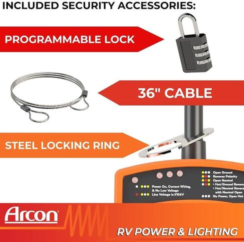Arcon 19758 Portable 30 Amp 120 Volt RV Surge Protector with CETL Certification, 3600 Joules Power Surge Protection, Low Voltage & Fault Indicator Lights, Lock and 36 Inch Cable Included in Kuwait