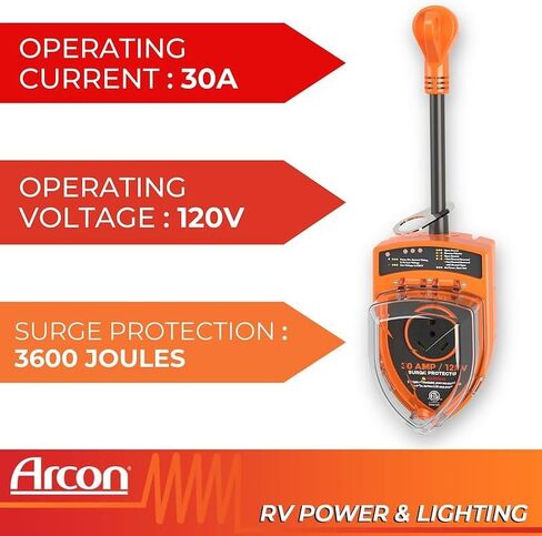 Arcon 19758 Portable 30 Amp 120 Volt RV Surge Protector with CETL Certification, 3600 Joules Power Surge Protection, Low Voltage & Fault Indicator Lights, Lock and 36 Inch Cable Included in Kuwait