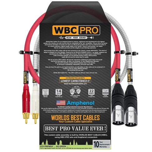 1.5 Foot RCA to XLR (Male) Cable Pair - WBC-PRO-LOCAP Low-Capacitance (14pF/ft) 22 AWG Ultra-Silent Audiophile & Pro-Grade Audio Interconnect Cable - Amphenol Plugs & Red & Silver Tweed Jackets in Kuwait