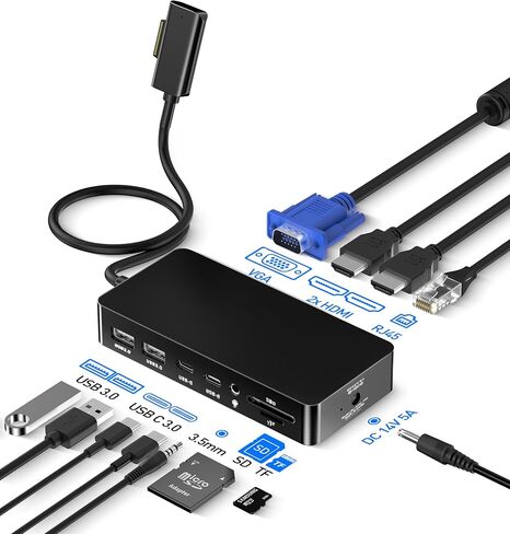 MS Surface Pro Docking Station - Triple Display 4K@60Hz Dual HDMI + VGA, 11-in-1 Surface Dock with 2X USB-C, 2X USB 3.0, Ethernet, SD/TF Reader, 3.5mm Jack for Surface Pro 11/10/9, Laptop, Book, Go in Kuwait