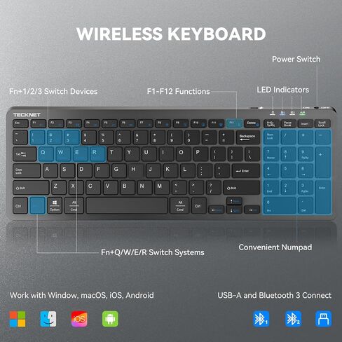 TECKNET Rechargeable Bluetooth Slim Wireless Keyboards USB+BT Multi Device in Kuwait