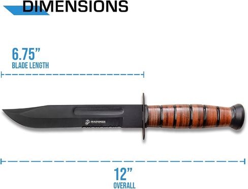 MTech USA – Fixed Blade Knife – Black, Partially Serrated Blade, Leather Wrapped Handle, Includes Leather Sheath with U.S. Marines Logo, Hunting, Camping, Survival, Tactical, EDC - MT-122MR in Kuwait