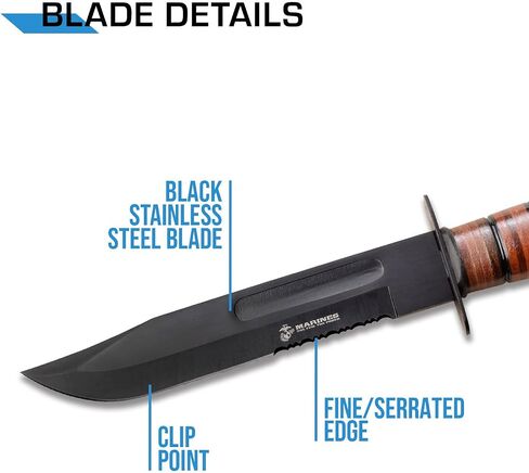 MTech USA – Fixed Blade Knife – Black, Partially Serrated Blade, Leather Wrapped Handle, Includes Leather Sheath with U.S. Marines Logo, Hunting, Camping, Survival, Tactical, EDC - MT-122MR in Kuwait