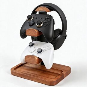 Solid Wood Headphone Stand with Controller Holder, Space-Saving Dual Hanger & Gamepad Organizer for Desktop, Gaming Desk Accessories with Stable Base Storage in Saudi Arabia