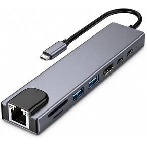 USB-C Hub, 8-in-1 Multiport Adapter, Featuring 4K HDMI, Fast Ethernet, 100W PD Fast Charging, USB Port, SD/TF Card Slots, Compatible with MacBook Pro/Air and Other Type-C Devices. (13.5cm) in Kuwait