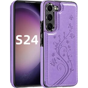 Korecase Wallet Phone Case Compatible with Samsung Galaxy S24 with Card Holder, Butterfly Flower PU Leather Back Flip Case Cover for Galaxy S24,Blue in Kuwait