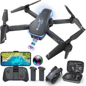Drone with 1080P Camera for Beginners and Adults, Foldable Remote Control Quadcopter with Voice Control, Gestures Selfie, Altitude Hold, One Key Start, 3D Flips, 2 Batteries, Not water-proof, Toy for Beginners in Kuwait