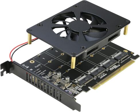 Quad NVMe PCIe Adapter, RIITOP 4 Ports M.2 NVMe SSD to PCI-e 4.0/3.0 x16 Card with Fan Support 2280/2260/2242/2230 NVMe SSD (PCI-e Bifurcation Required) in Saudi Arabia