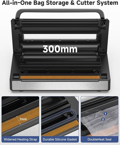 95Kpa Vacuum Sealer Machine, Automatic Food Vacuum Sealing Machine with Adjustable Pressure & Time Settings, Built-in Cutter and Bag Storage, 2 Bag Rolls & Accessory Hose in Kuwait