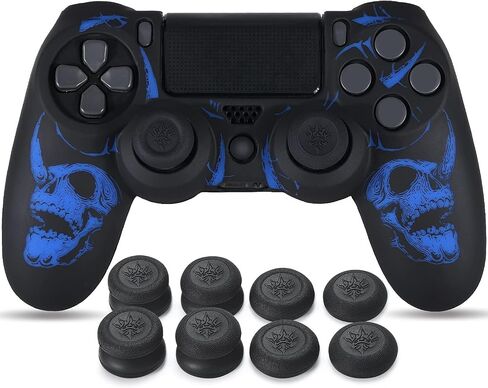 YoRHa Laser Carving Silicone Skin for PS4 Controller x 1(Skulls Blue) with Exclusive Thumb Grips x 8 in Kuwait