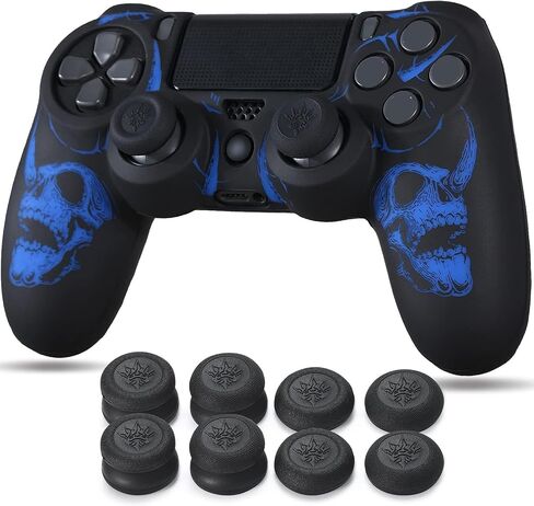 YoRHa Laser Carving Silicone Skin for PS4 Controller x 1(Skulls Blue) with Exclusive Thumb Grips x 8 in Kuwait