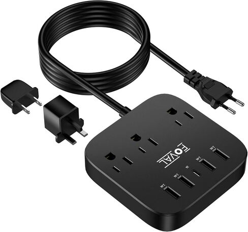 European Travel Plug Adapter, FOVAL EU UK US Power Strip with USB C and 4 USB Ports, 3 AC Outlets, Wall Mountable, 5ft Extension Cord, Compact for Travel, Cruise Ship, Home Office (Black) in Kuwait