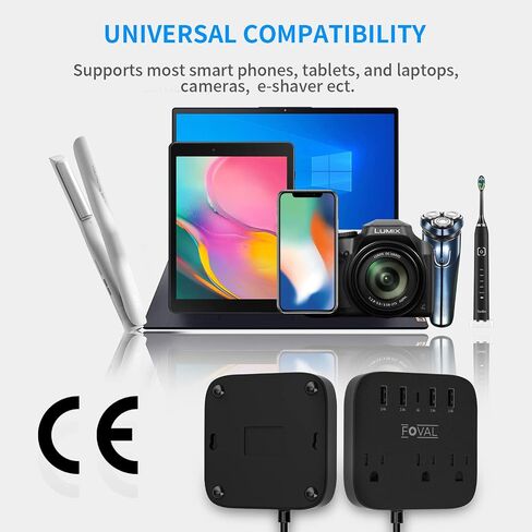 European Travel Plug Adapter, FOVAL EU UK US Power Strip with USB C and 4 USB Ports, 3 AC Outlets, Wall Mountable, 5ft Extension Cord, Compact for Travel, Cruise Ship, Home Office (Black) in Kuwait