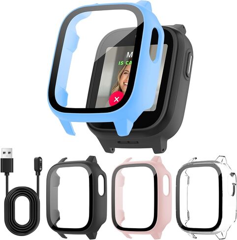 2 Pack Case for Cosmo JrTrack 5 Kids Smart Watch with Tempered Glass Screen Protector, Shockproof Hard PC Bumper, Magnetic USB Charging Cable, Scratch Resistant Protective Cover in Saudi Arabia