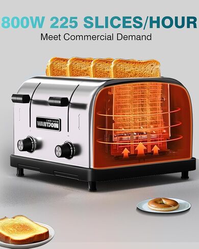 1800W Commercial Toaster 4 Slice - 225 Slices/Hour Heavy Duty Toaster, 1.57" Wide Slots, 6 Browning Levels, Dual Control, Removable Crumb Trays for Bread Bagels Restaurant in Kuwait