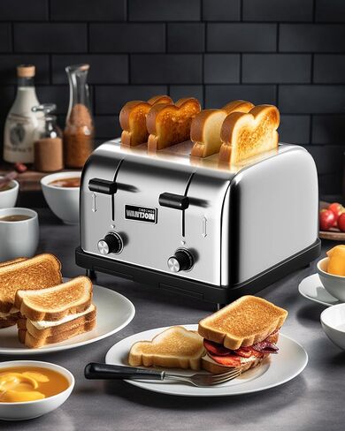 1800W Commercial Toaster 4 Slice - 225 Slices/Hour Heavy Duty Toaster, 1.57" Wide Slots, 6 Browning Levels, Dual Control, Removable Crumb Trays for Bread Bagels Restaurant in Kuwait