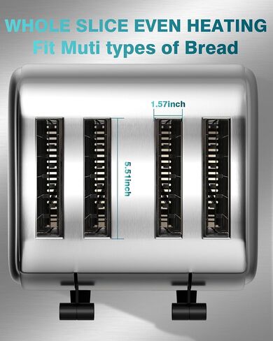 1800W Commercial Toaster 4 Slice - 225 Slices/Hour Heavy Duty Toaster, 1.57" Wide Slots, 6 Browning Levels, Dual Control, Removable Crumb Trays for Bread Bagels Restaurant in Kuwait