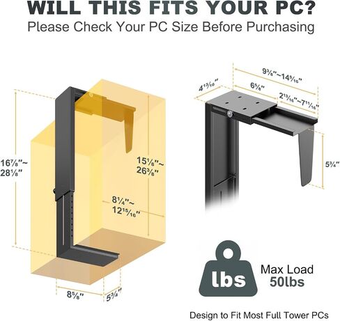 Heavy Duty Under Desk PC-Mount - Fits Most Middle & Full Tower, Height Adjustable Underdesk Computer Mount Holder with Protective Padding, Max Load 55lbs, Black in Kuwait