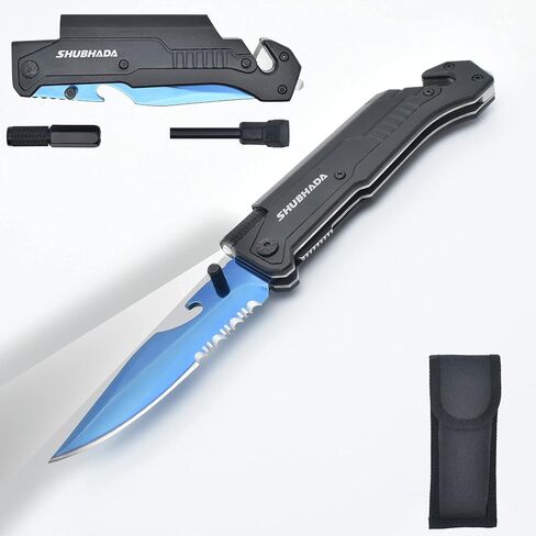 Multifunctional outdoor folding knife hunting camping knife Tool Knives Led Light Magnesium fire starter Seatbelt cutter Glass breaker Bottle opener（Black） in Kuwait